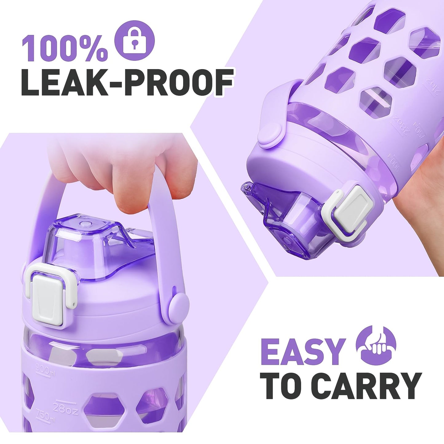 MUKOKO 32 oz Glass Tumbler with Straw,Glass Water Bottles with Time Marker,Iced Coffee Cup with 2 Lids-Handle Spout Lid&Straw Lid,Silicone Sleeve,Leakproof,1 Pack-Purple