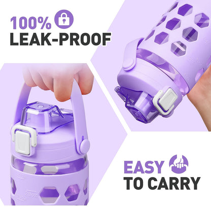 MUKOKO 32 oz Glass Tumbler with Straw,Glass Water Bottles with Time Marker,Iced Coffee Cup with 2 Lids-Handle Spout Lid&Straw Lid,Silicone Sleeve,Leakproof,1 Pack-Purple