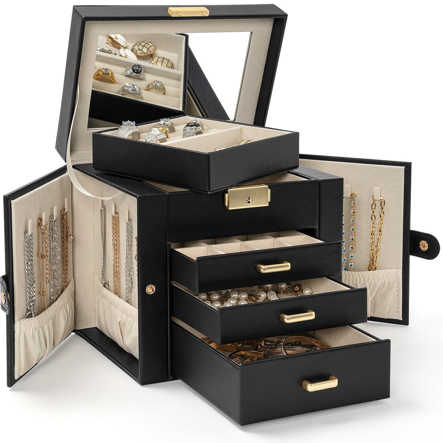 AKOZLIN 4-Tier Jewelry Box Leather Jewelry Storage Organizer with 3 Drawers Lockable for Women Girls Ring Necklace Earring Bracelet Holder with Mirror Black