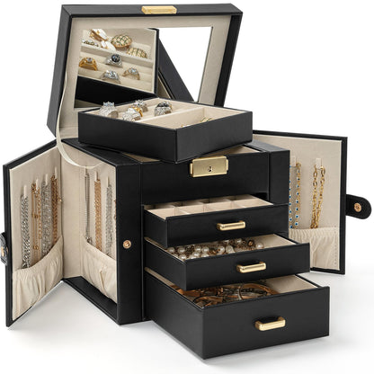 AKOZLIN 4-Tier Jewelry Box Leather Jewelry Storage Organizer with 3 Drawers Lockable for Women Girls Ring Necklace Earring Bracelet Holder with Mirror Black