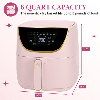 Paris Hilton Air Fryer, Large 6-Quart Capacity, Nonstick Made without PFAS, Touchscreen Display, 8-in-1 (Air Fry, Roast, Broil, Bake, Reheat, Keep Warm, Pizza, Dehydrate), Dishwasher Safe, Pink