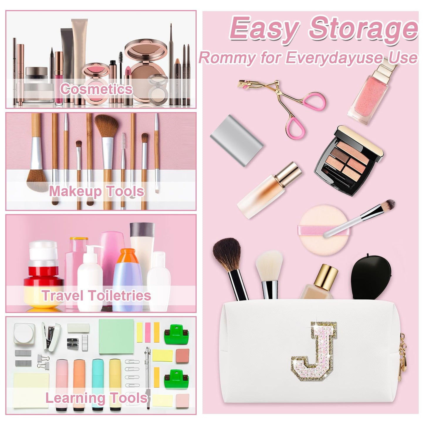 Personalized Initial A-Z Preppy Patch Makeup Bag, Small White PU Leather Cute Glitter Letter Cosmetic Bag with Zipper, Monogram Travel Toiletry Organizer Makeup Case Christmas Gifts for Women Girls,J