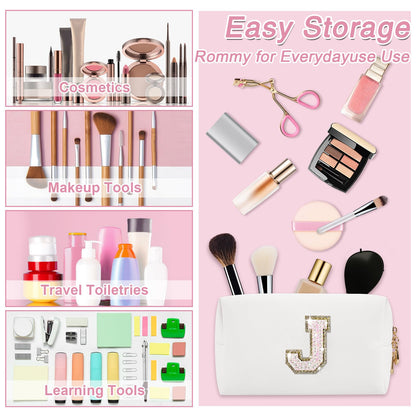 Personalized Initial A-Z Preppy Patch Makeup Bag, Small White PU Leather Cute Glitter Letter Cosmetic Bag with Zipper, Monogram Travel Toiletry Organizer Makeup Case Christmas Gifts for Women Girls,J