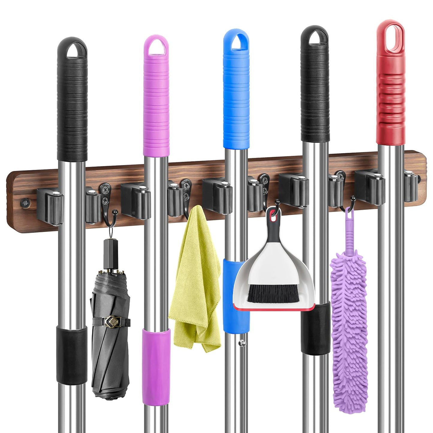 IMILLET Broom Holder Wall Mount, Rustic Wood Broom Hanger with 5 Racks and 4 Hooks, Laundry Room Organization and Storage, Mop Holder for Home Decor, Garden, Garage, Kitchen, Closet