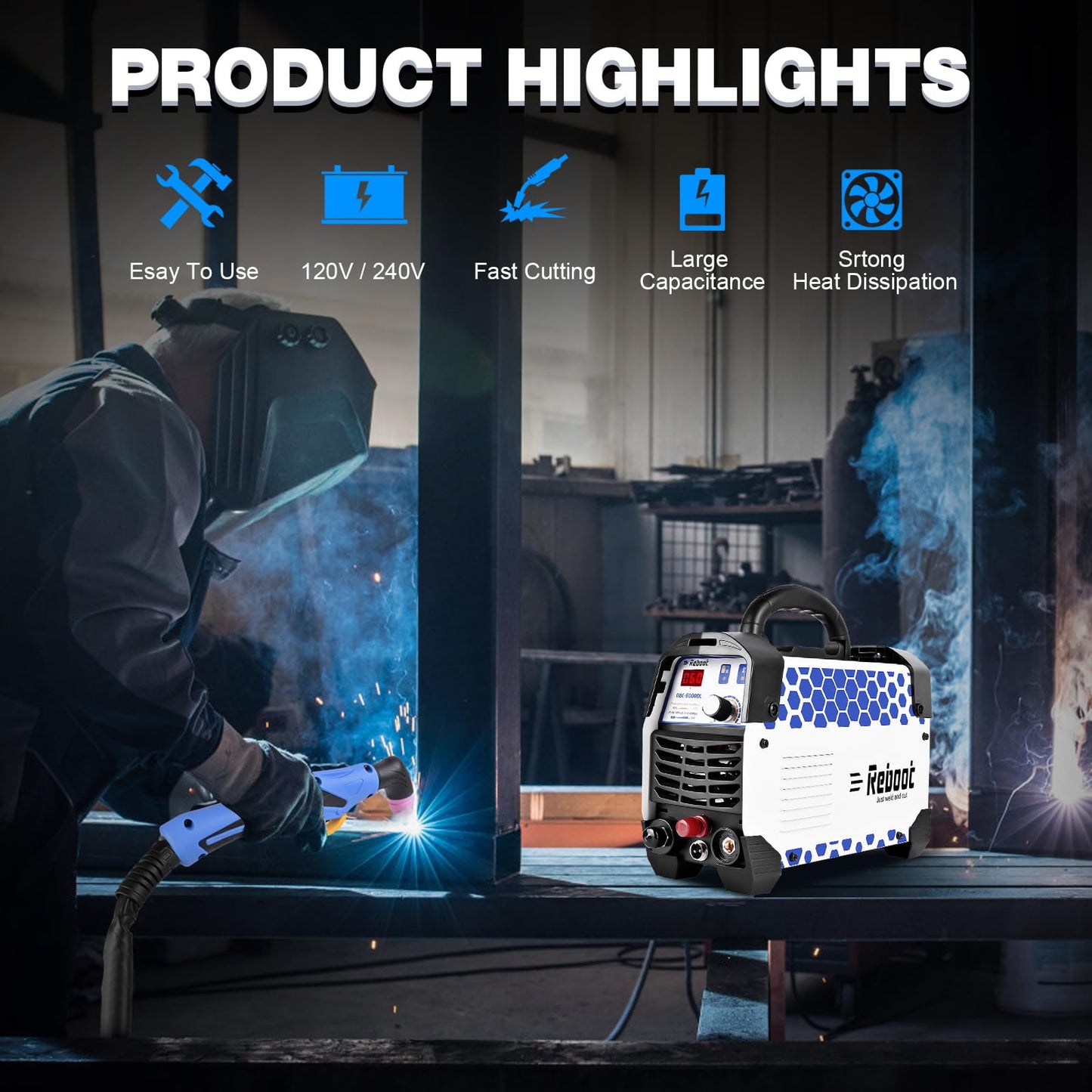 Reboot RBC6000DL Plasma Cutter, 60 Amp Non-Touch Pilot Arc Plasma Cutter Machine, 5/8 inch Clean Cut 4/5 inch Severance Cut, Dual Voltage 110/120V or 220/240V with Consumable Set Digital Display