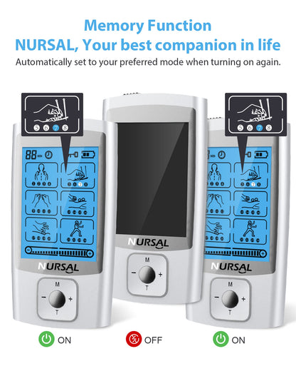 NURSAL 24 Modes TENS Unit Muscle Stimulator with Continuous Stimulation, Rechargeable Electronic Pulse Massager with 8 Pads for Back and Shoulder Pain Relief and Muscle Strength (Silver)