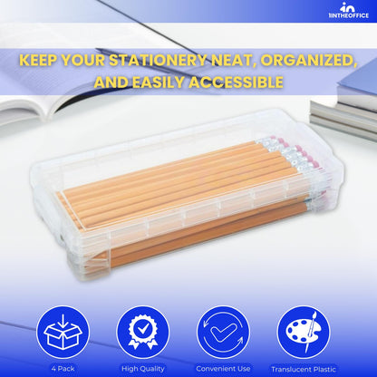 1InTheOffice Pencil Box, Stackable Translucent Clear 8.25 x 1.5 x 4 Inches, (4 Pack)