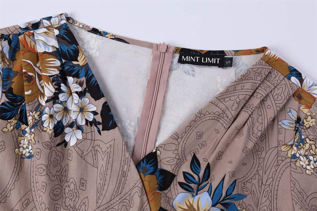 MINTLIMIT Women's V-Neck Floral Half Sleeve Midi Fit Flare Retro Dress Cocktail Dresses (Light Brown,Size XL)