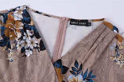 MINTLIMIT Women's V-Neck Floral Half Sleeve Midi Fit Flare Retro Dress Cocktail Dresses (Light Brown,Size XL)