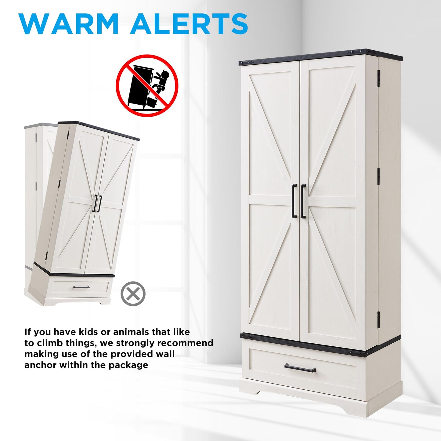 ACCOHOHO 72" Farmhouse Kitchen Pantry Cabinet with Drawer, Tall Storage Cabinet with 2 Barn Doors and Shelves, Versatile Large Rustic Cupboard for Dining Room, Bathroom, Living Room, Laudry, White