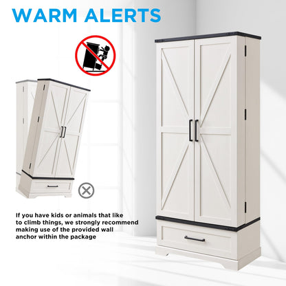 ACCOHOHO 72" Farmhouse Kitchen Pantry Cabinet with Drawer, Tall Storage Cabinet with 2 Barn Doors and Shelves, Versatile Large Rustic Cupboard for Dining Room, Bathroom, Living Room, Laudry, White