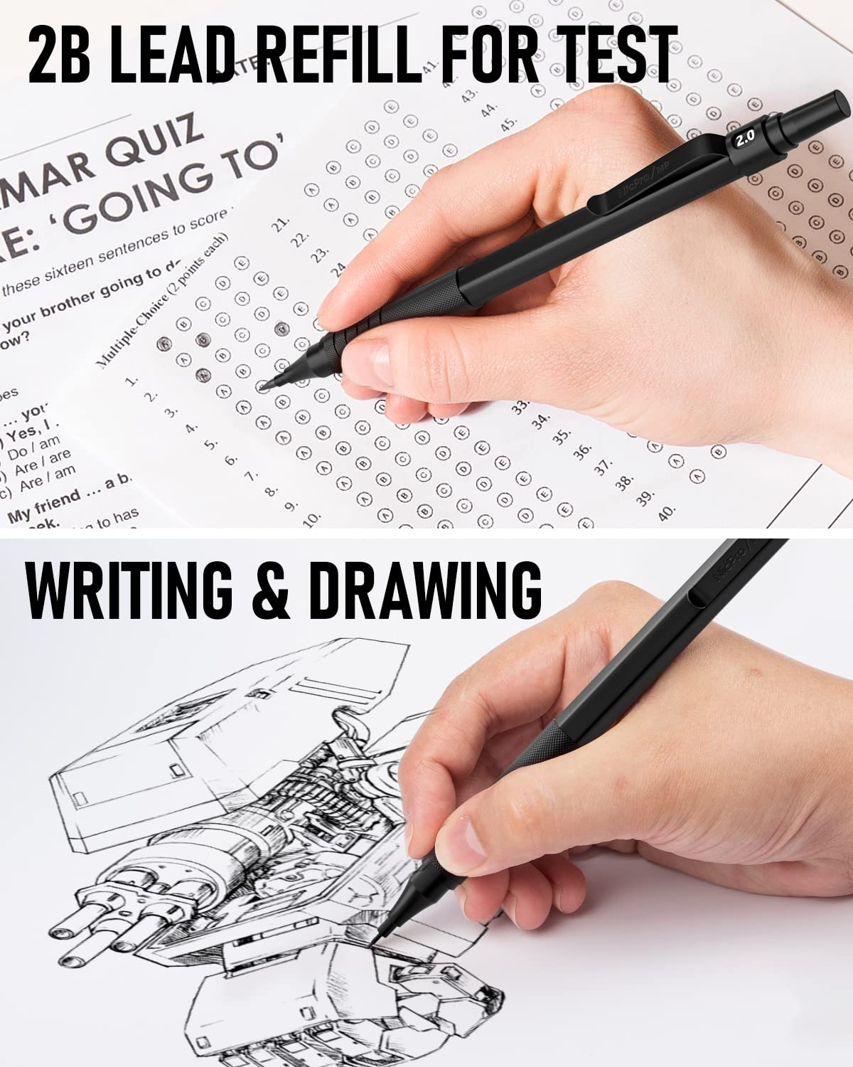 Nicpro Black Art Mechanical Pencil Set, 5PCS Metal Drafting Pencils 0.3, 0.5, 0.7, 0.9 mm & 2mm Graphite Lead Holder For Sketching Drawing With 9 Tubes (4B 2B HB 2H Colors) Lead Refills Erasers Case