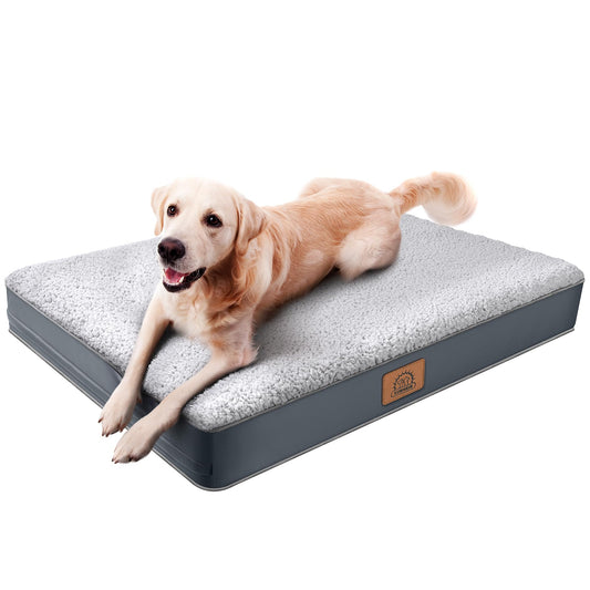 Orthopedic Dog Bed for Large Dogs - Big Waterproof Dog Crate Bed with Removable Washable Cover, Egg Crate Foam Support, Anti-Slip Bottom, Deluxe Plush Pet Bed Mat (Grey)