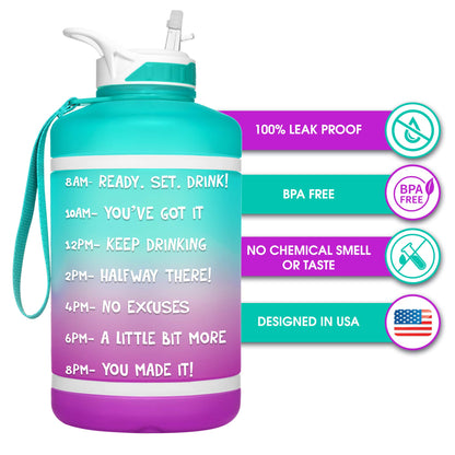 NatureWorks HydroMATE 64 oz Water Bottle with Time Markers BPA Free Reusable Leak Proof Jug with Straw and Handle 64 oz (Turquoise Purple)