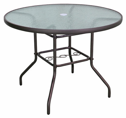 Garden Elements Outdoor Patio Furniture, Round Dining Table, Steel Base and Rim with Water-Wave Glass Top, Brown, 40"