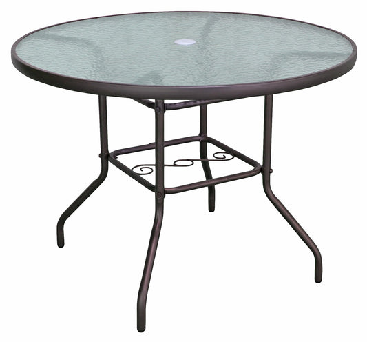Garden Elements Outdoor Patio Furniture, Round Dining Table, Steel Base and Rim with Water-Wave Glass Top, Brown, 40"