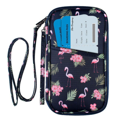 RFID Blocking Passport Wallet with Vaccine Card Slot, Family Travel Passport Holder Document Organizer Bag with Wrist & Neck Double Strap (Large RFID-Flamingo)