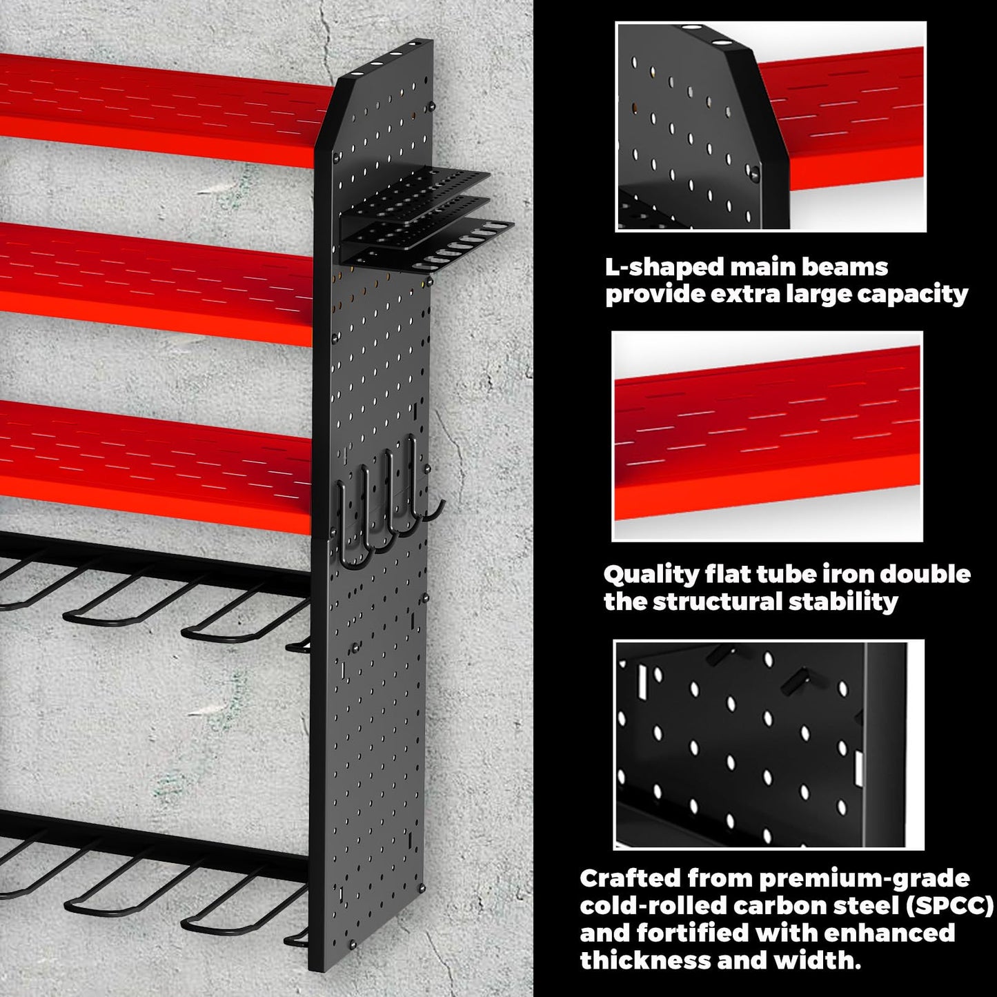 KAFAHOM Power Tool Organizer, Large 8 Drill Holder Wall Mount with 2 Side Pegboards,5 Layer Heavy Duty Metal Tool Storage Rack, Tool Shelf for Garage Organization, Utility Battery Shelves - Red