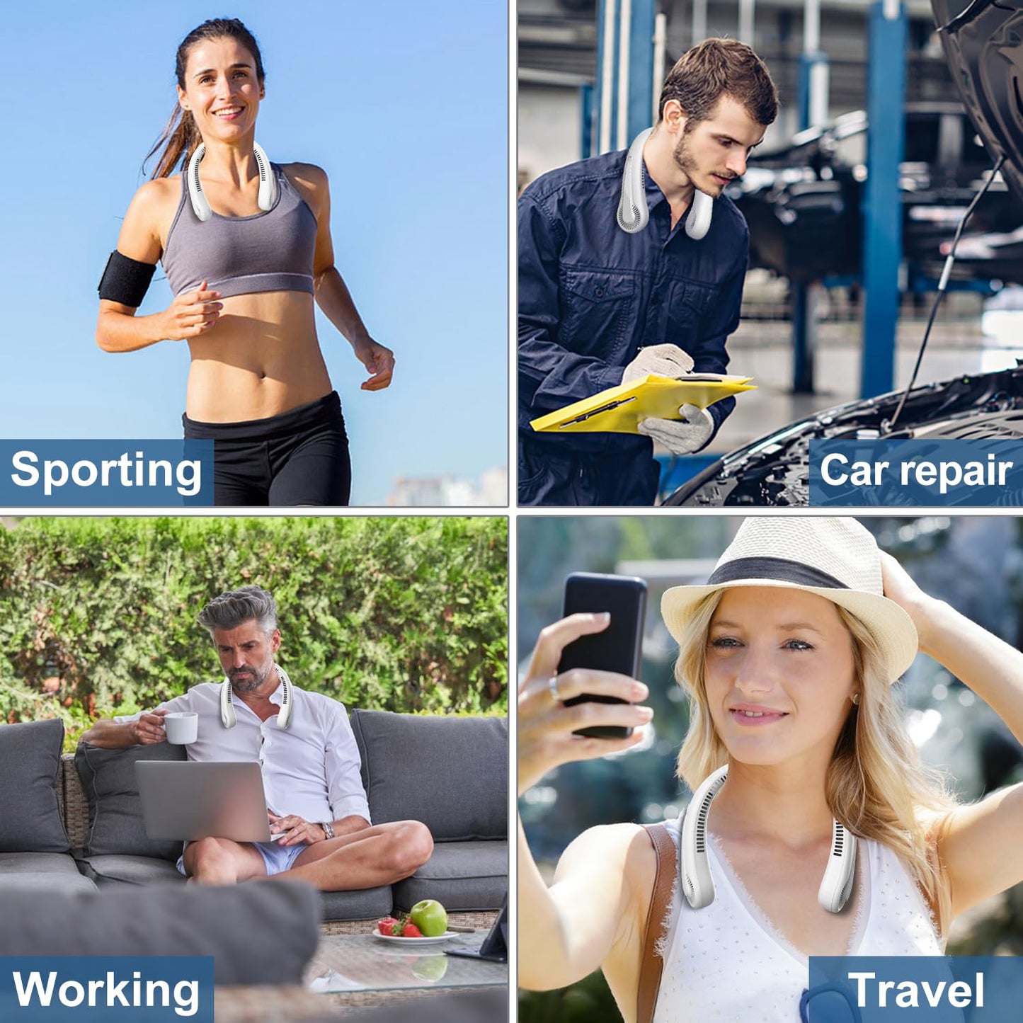 Portable Neck Fan, Neck Cooling Fan, 5000mAh Rechargeable Personal Hanging Neck Fan, Outdoor Sport Travel Summer Gifts for Women Men, Adjustable Hands Free Fan, Low Noise Bladeless Fans (White)