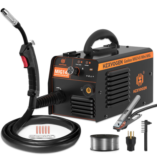H HZXVOGEN 145A MIG Welder, 110V/220V Flux Core Welder with Synergy, IGBT Inverter Portable Gasless Welder Equipment Dual Voltage MIG Welding Machine