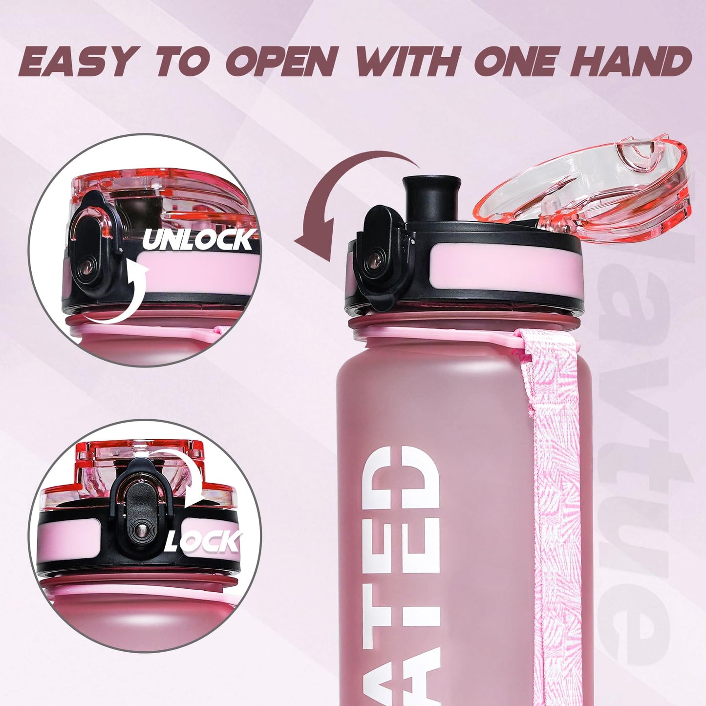 NAVTUE Water Bottle, 32oz Sports Water Bottles with Time Marker Wide Mouth, Motivational and Leakproof Drink Bottle, BPA Free Tritan with Carry Strap for Gym Fitness Outdoor(Direct Drink)