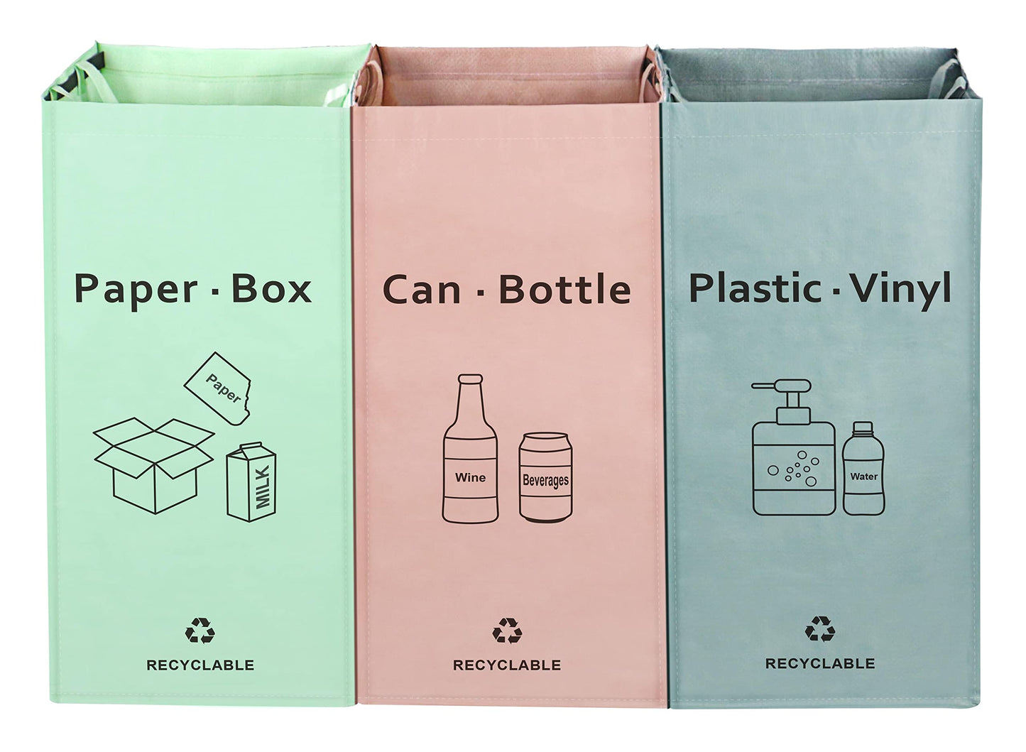 JIALAI HOME Separate Recycling Waste Bin Bags for Kitchen Home - 42 Gallon Recycling Bins (Pink, Green, Gray) Waste Trash Sorting Organizer, Reusable Waterproof, Pack of 3 Bags