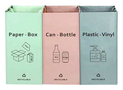 JIALAI HOME Separate Recycling Waste Bin Bags for Kitchen Home - 42 Gallon Recycling Bins (Pink, Green, Gray) Waste Trash Sorting Organizer, Reusable Waterproof, Pack of 3 Bags