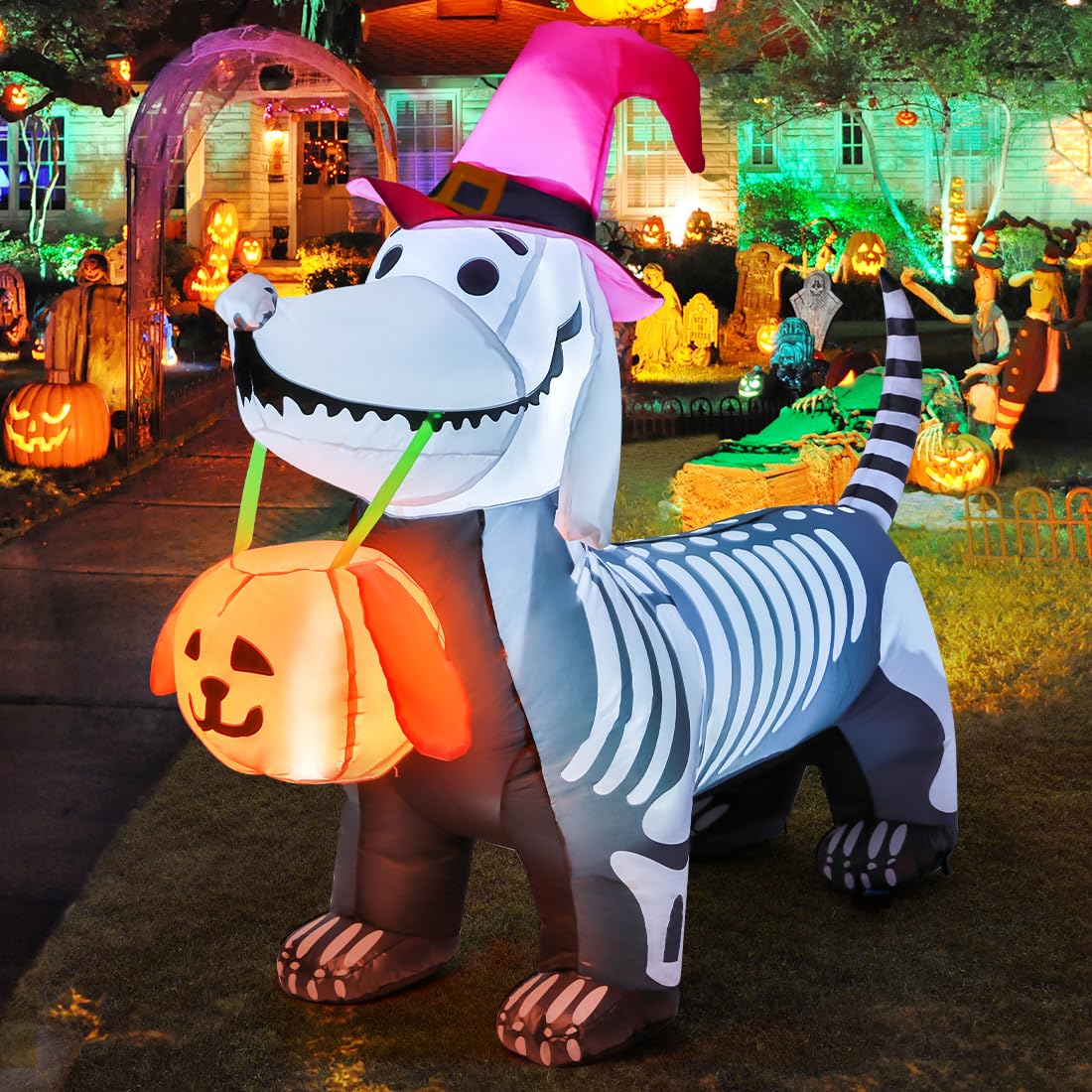 GOOSH 5.5 FT Halloween Inflatables Outdoor Decorations Skeleton Puppy Inflatable Yard Decoration with Build-in LEDs Blow Up Pumpkin for Halloween Party Indoor Outdoor Yard Garden