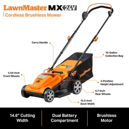 LawnMaster CLMF4815E 48V MAX* 15-inch Brushless Cordless Mower with 2X24V MAX* 4.0Ah Battery and a Dual Charger