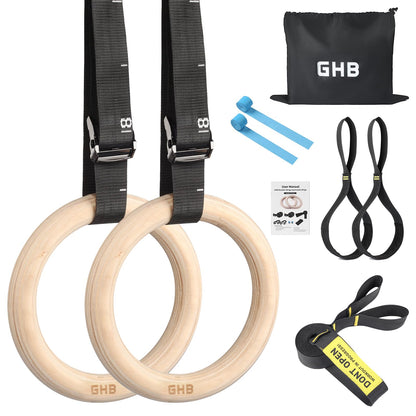 GHB Gymnastic Rings Wooden Gym Rings 1.25" Olympic Rings Adjustable Straps Pull Up Rings Sets for Workout Bodyweight Fitness Training