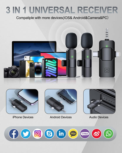 PQRQP 3 in 1 Professional Wireless Lavalier Microphone for iPhone, Android, Camera, Wireless Microphones, Mini Microphone, Crystal Clear Sound Quality for Recording, Live Streaming, YouTube, TikTok