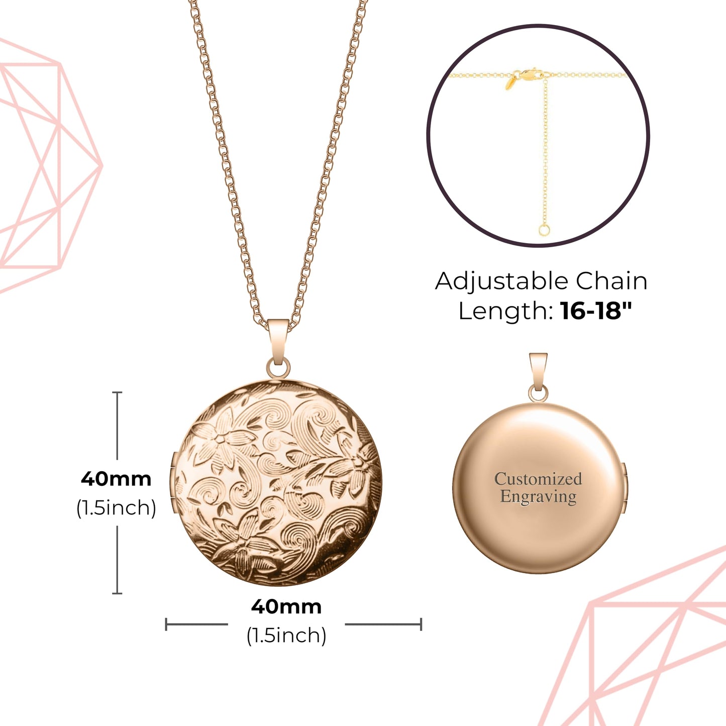 Mighty Dainty Locket Necklace for Women Girls, 18” Jewelry Chain, Picture Photo Inside, Cadenas para mujer, Personalized Custom Name Gold Locket, Customized Couples Locket, Silver, Rose Gold, Gold