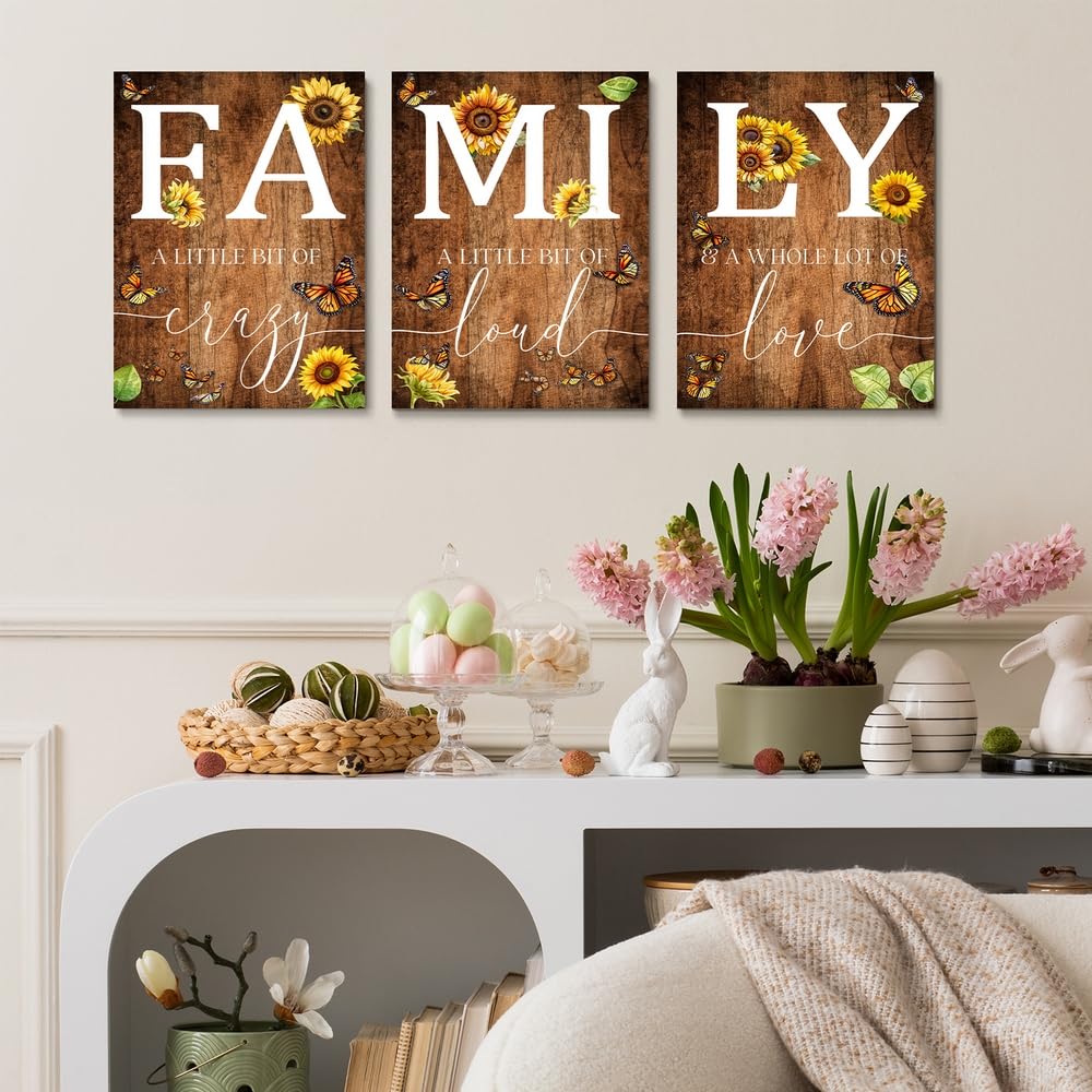 GUBIYU Farmhouse Family Wall Art Set of 3, Rustic Wall Decor for Living Room & Dining Room, Retro Brown Wood Wall Art - Butterfly & Sunflower Decor, 12"x16"