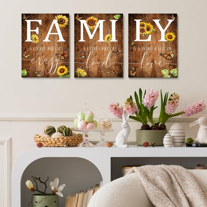 GUBIYU Farmhouse Family Wall Art Set of 3, Rustic Wall Decor for Living Room & Dining Room, Retro Brown Wood Wall Art - Butterfly & Sunflower Decor, 12"x16"