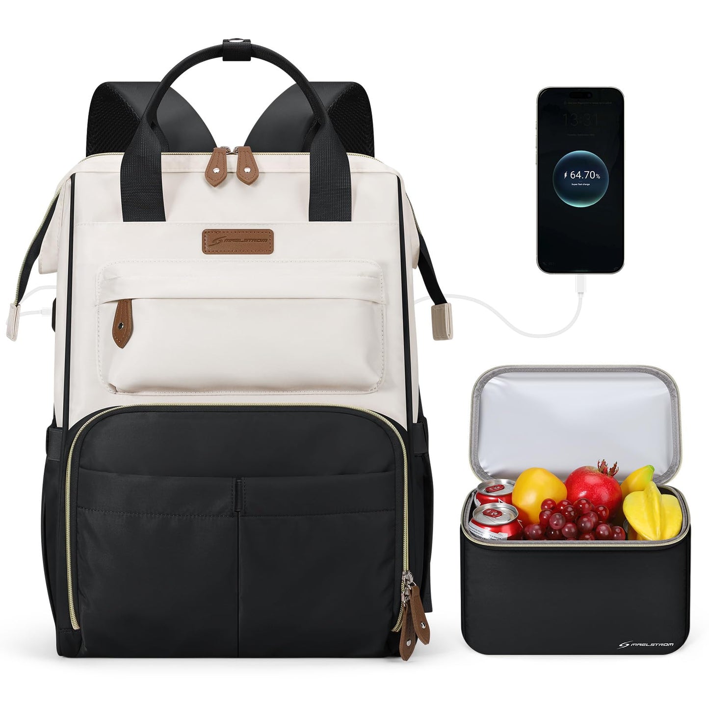 Maelstrom Travel Backpack for Women Men,Laptop Backpack Fits 15.6-17.3 Inch Laptop, Nurse/Teacher/Work Bag with Insulated Lunch Box,Water Resistant Carry On Backpack,Black-Beige