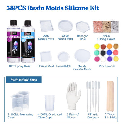 LET'S RESIN Coaster Kit, 16oz DIY Epoxy Resin Kit with Molds and Mica Powder Complete Set, Crafts for Adults, Beginners, Ideal Starter DIY Art Supplies Gift Set for Adults