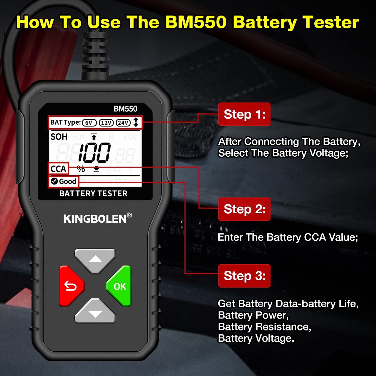 KINGBOLEN BM550 6V 12V 24V Car Battery Tester, 100-2000 CCA Voltage Tester 2Ah-220Ah Internal Resistance Tester Accurate Digital Auto Battery Analyzer for Cars Trucks SUV ATV Boats Motorcycles Vehicle