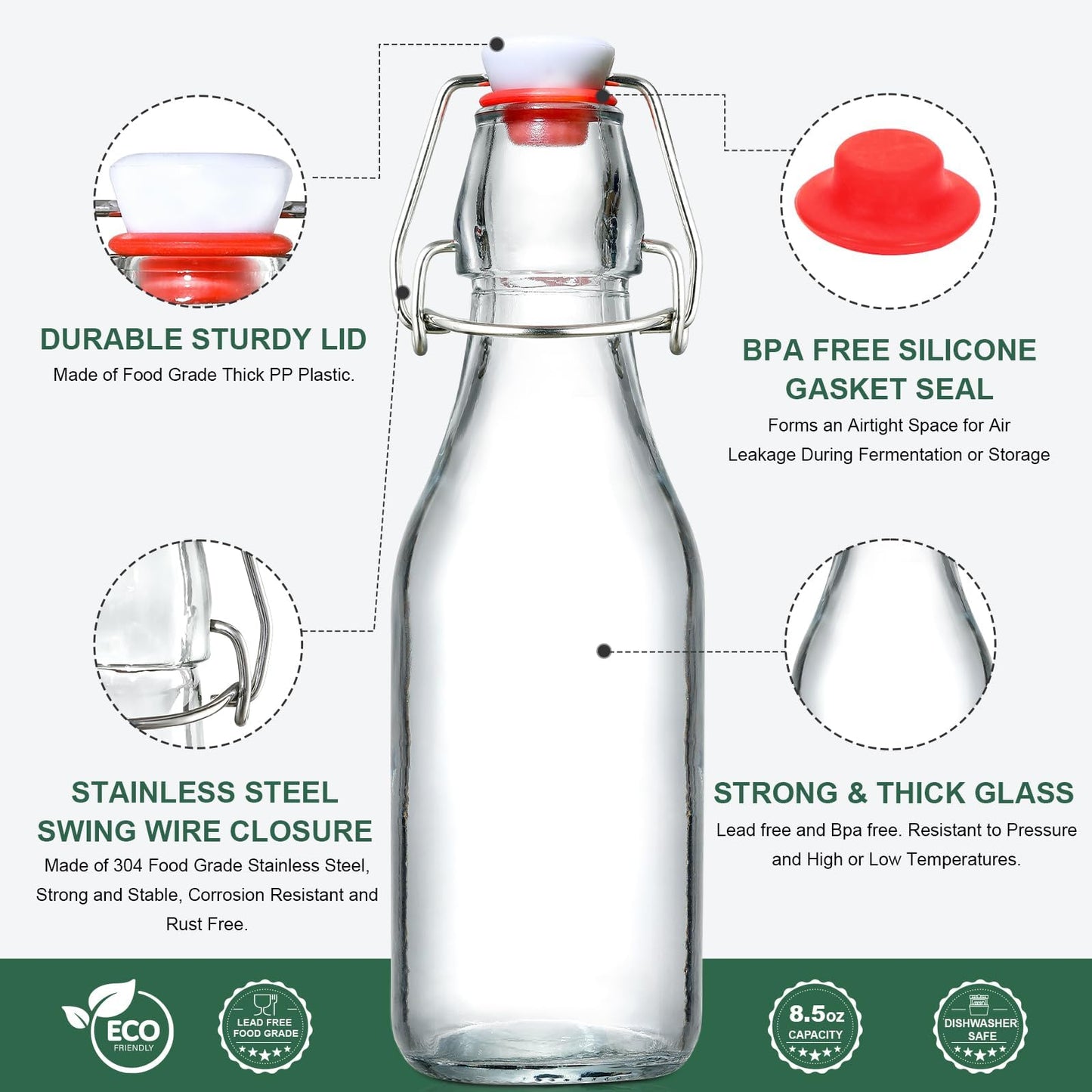 8-Pack 8.5oz Flip Top Glass Bottles, Swing Top Beer Brewing Bottle for Fermentation, Kombucha, Kefir, Vanilla Extract, Coquito, Juice, Soda, Tea - Airtight Stopper Cap Lid, Bonus 2 Bottle Pourers