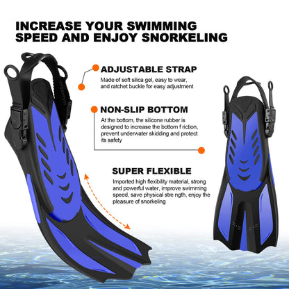 Odoland Kids Snorkeling Packages Snorkel Set, Anti-Fog and Anti-Leak Dry Top Snorkel Mask with Adjustable Swim Fins for Boys and Girls Age 7-14, Blue