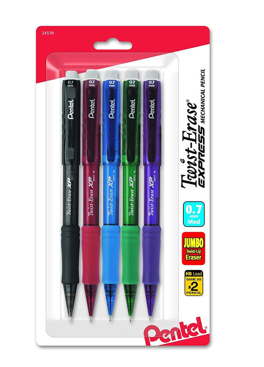 Pentel Twist-Erase Express Mechanical Pencil, (0.7mm), Medium Line, Assorted Fashion Colors, Pack of 5 (QE417FBP5M)