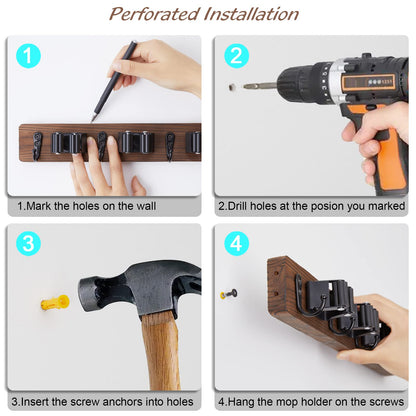 OUTNILI Mop and Broom Holder Wall Mount - Rustic Wood Broom Mop Hanger - Wall Mounted Garden Tool Rack Organizer for Closet Garage Laundry Room Kitchen Decor With 4 Slots & 4 Hooks