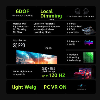 Pimax Crystal Light Prime PCVR Headset - 8K Resolution,QLED Display, Light & Comfortable,High Clarity VR for flight simulator, Compatible with MSFS, iRacing & More, DMAS & Lighthouse Tracking optional