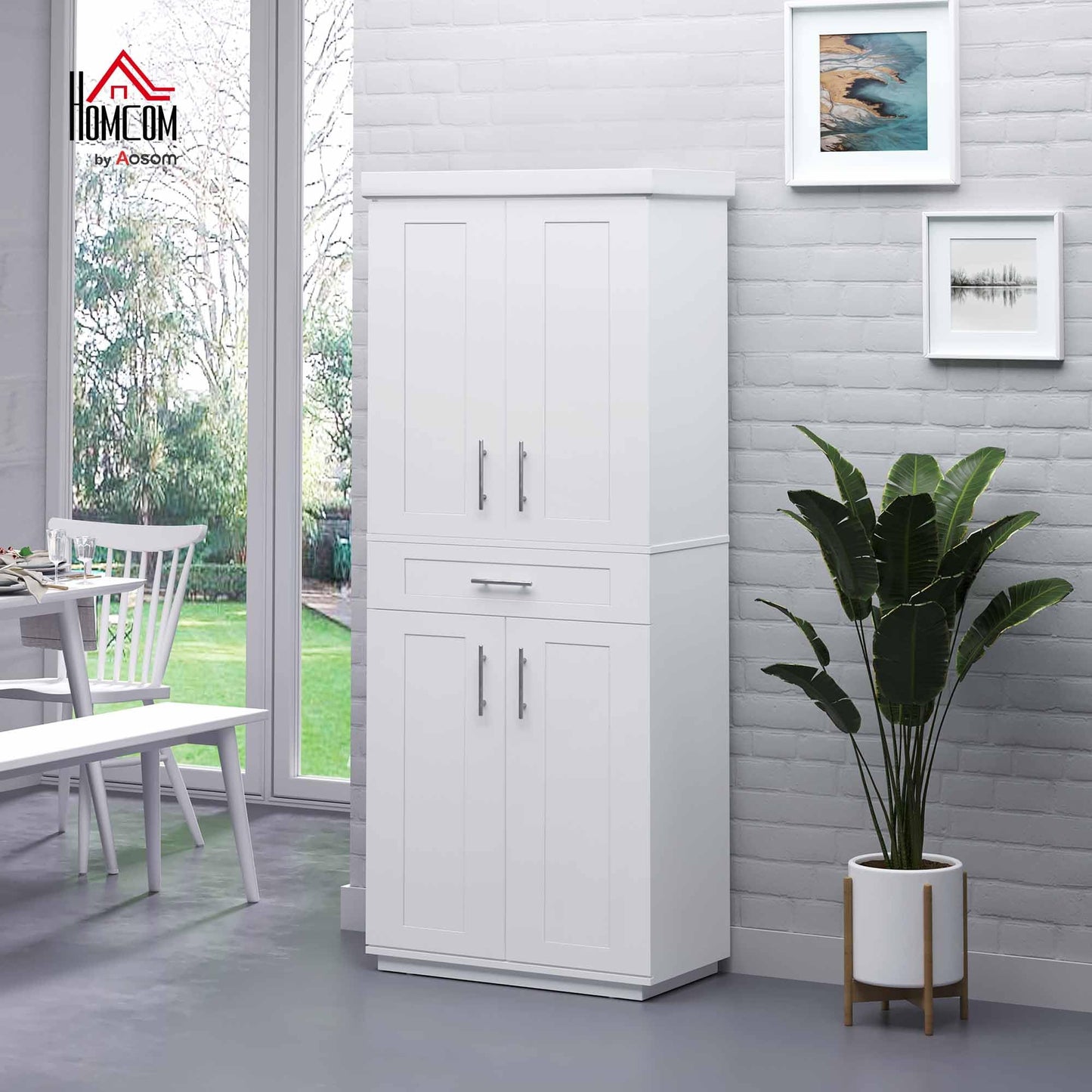 HOMCOM 72" Kitchen Pantry Cabinet, Freestanding Tall Storage Cabinet with 4 Doors, Drawer and 3 Adjustable Shelves for Dining Room, White