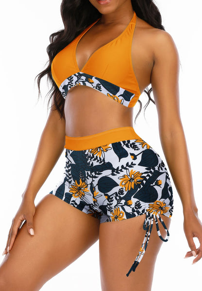 Adisputent Womens High Waisted Swimsuits with Boy Shorts Brazilian Triangle Top Stripes Halter Bikini Tummy Control Two Piece Bathing Suits Yellow Flowers M