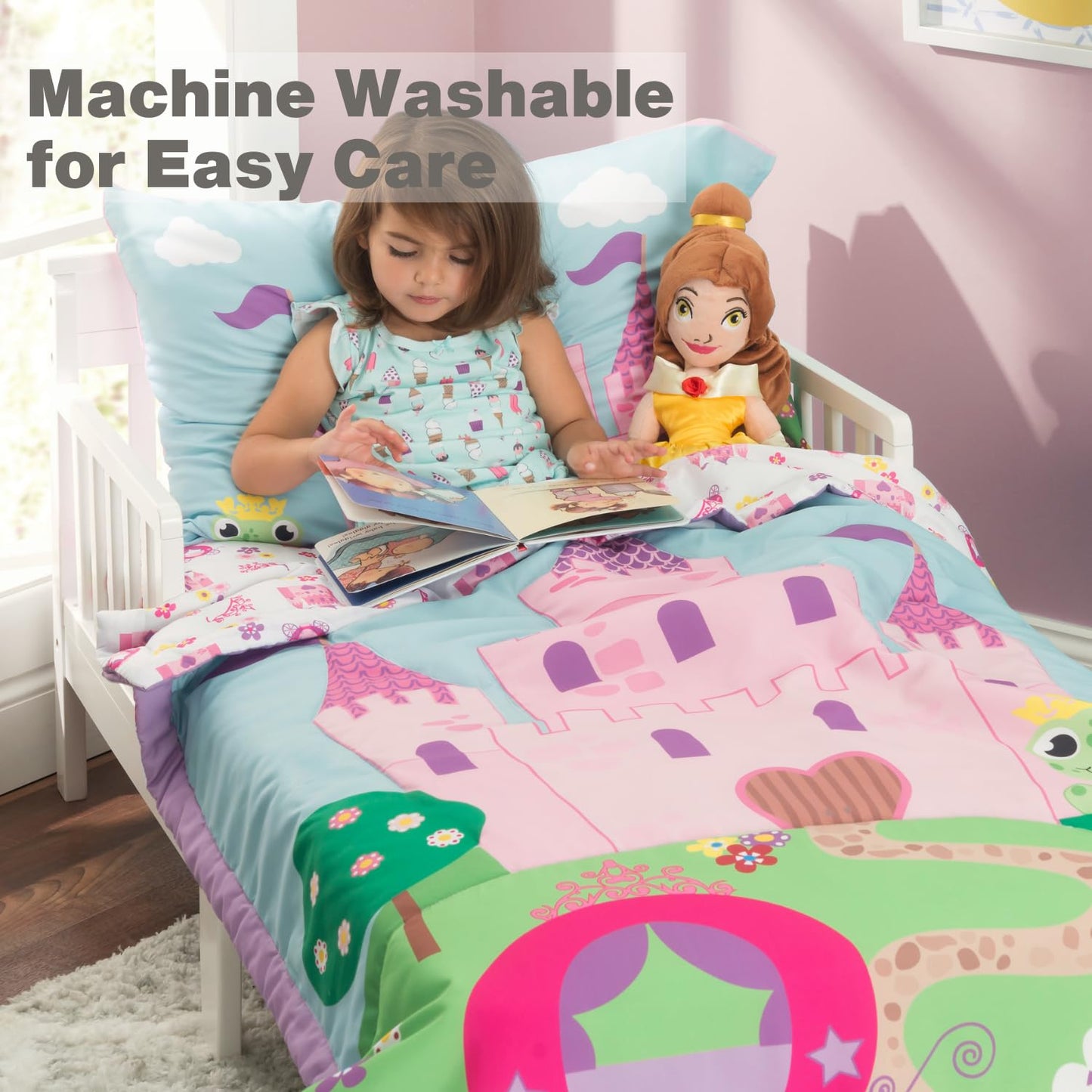 EVERYDAY KIDS 4 Piece Toddler Bedding Set -Princess Storyland- Includes Comforter, Flat Sheet, Fitted Sheet and Reversible Pillowcase