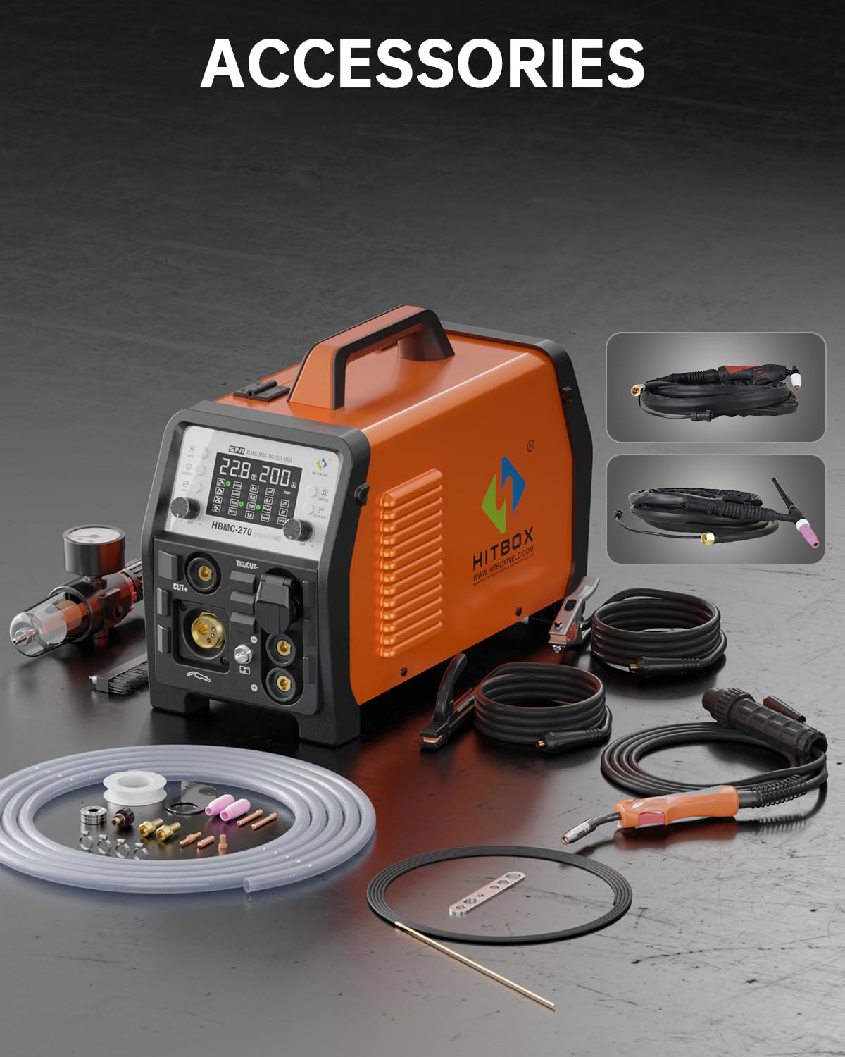HITBOX MIG Welder 200A, 220V [6 in 1] Gasless/Gas MIG/HF TIG/Plasma Cutter 40A/Stick/Spot, 2T/4T Aluminum Multi Process Welder Machine with Synergy Large LED Display (HBMC270)