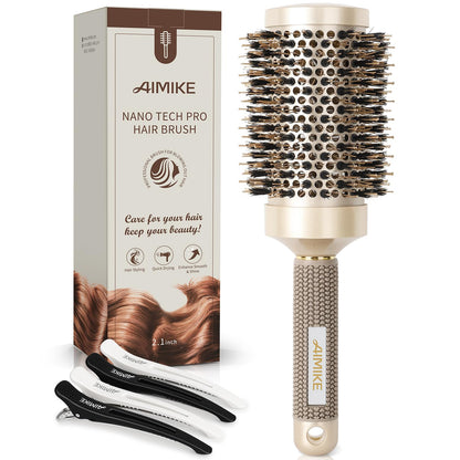 AIMIKE Round Hair Brush, Nano Thermal Ceramic & Ionic Tech, 2.1 Inch Barrel with Boar Bristles for Enhanced Texture, Golden, Hair Drying, Styling, Curling and Shine + 4 Free Clips