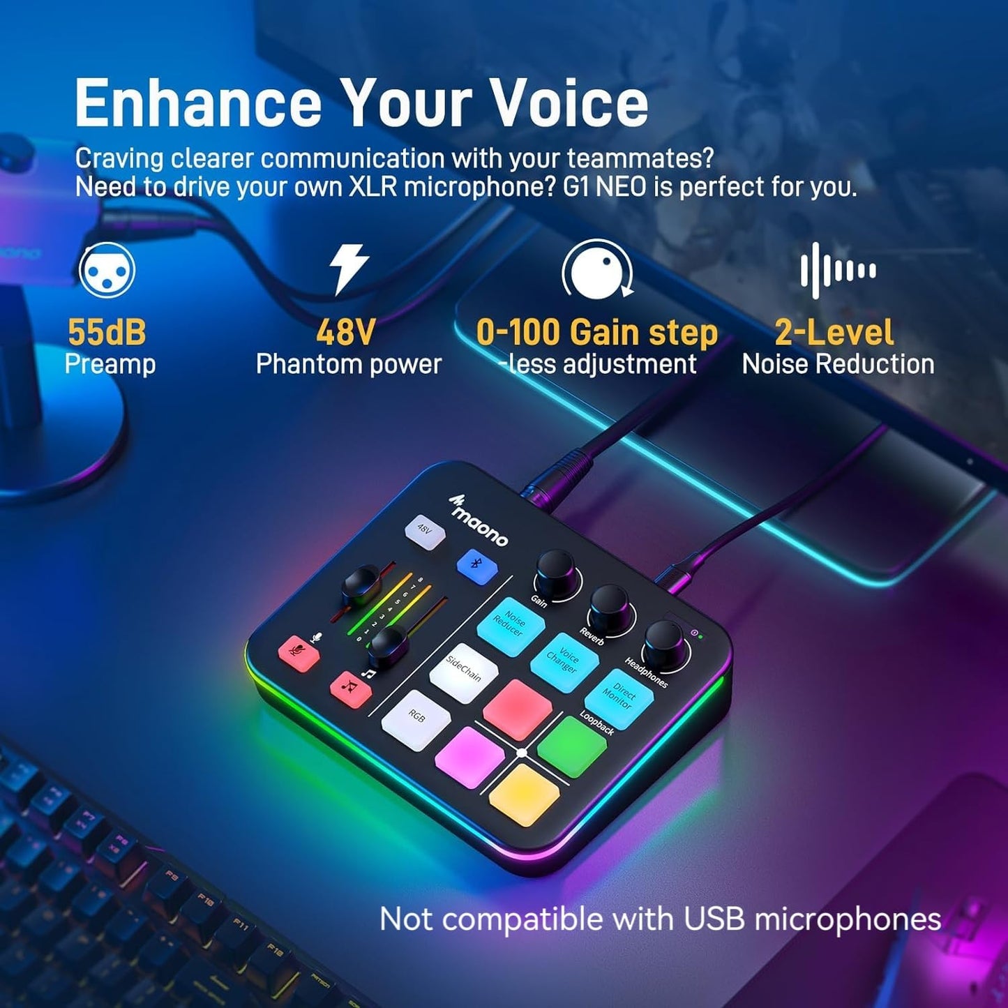 MAONO Gaming Audio Mixer, Audio Interface with Pro-preamp, RGB, Bluetooth, 48V Phantom Power for Live Streaming, Podcasting, Content Create, Gaming MaonoCaster G1 NEO (Not for USB Mic)