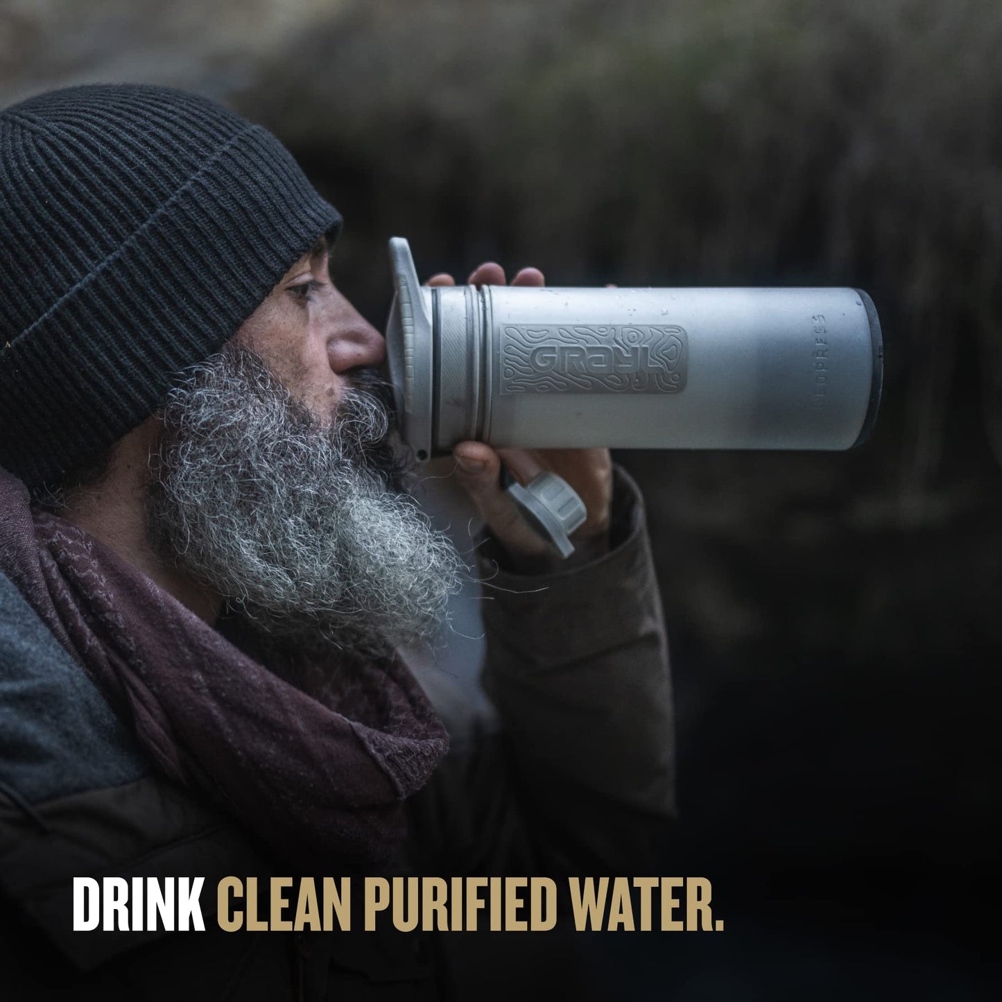 GRAYL GeoPress 24 oz Water Purifier Bottle - Filter for Hiking, Camping, Survival, Travel (Peak White)