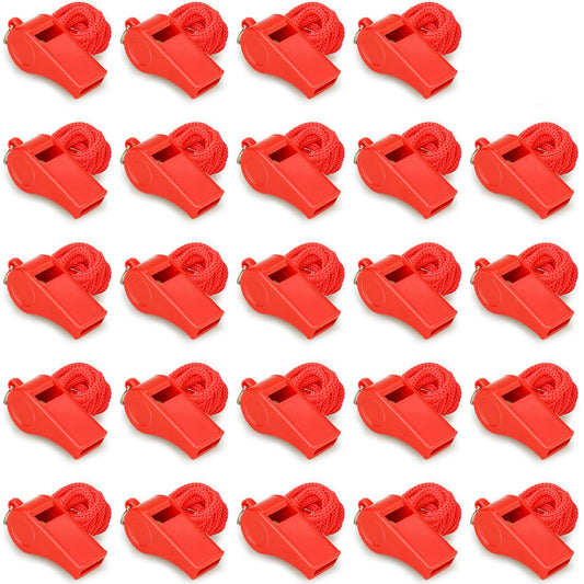 Hipat Red Emergency Whistles with Lanyard, Loud Crisp Sound Plastic Whistles Bulk Ideal for Outdoor Sport，Lifesaving，and Officials